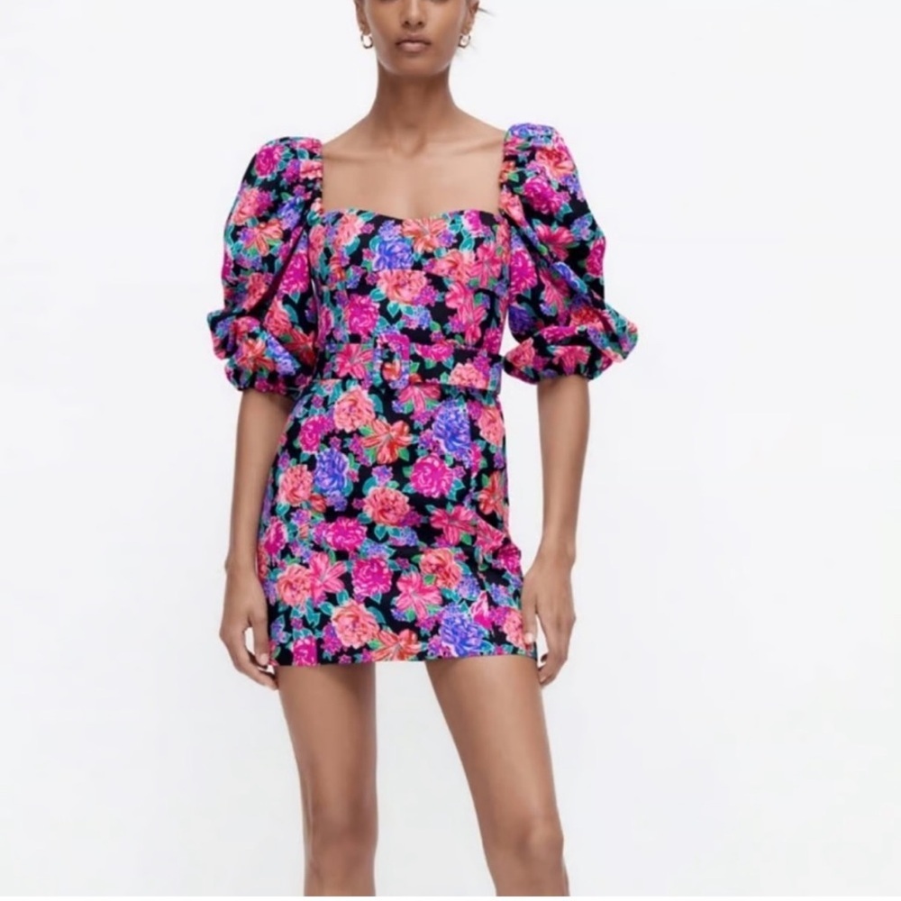 ZARA Floral Puff Sleeve Mini Dress (Size S)